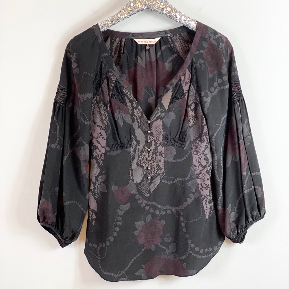Rebecca Taylor Black Floral Babydoll Blouse SZ 6
